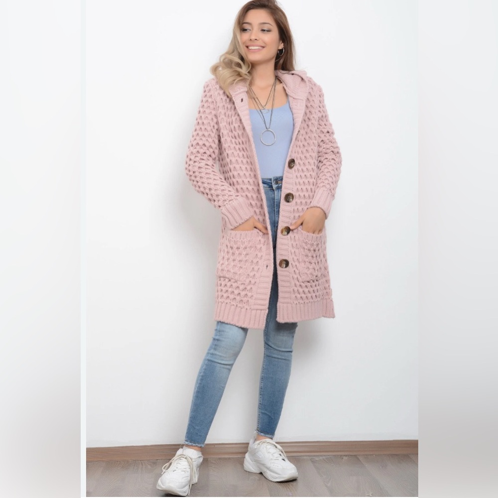 AVORWE Pink Wool‎ Blend Hooded Embossed Jacquard Knitted Cardigan EU 38 (M)